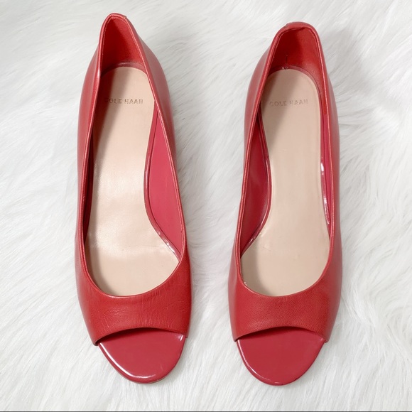SOLD-Cole Haan Leather Peep Toe Low Heel Red Wedge Slip On Shoes - Picture 6 of 14